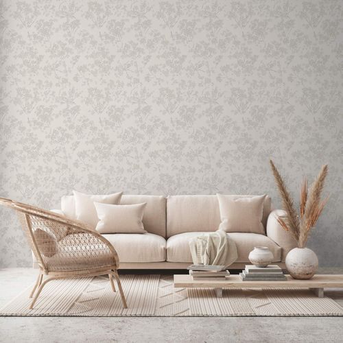 Non-woven wallpaper branches floral grey white 39548-3