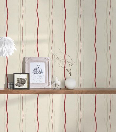 Non-woven wallpaper lines stripes cream red gloss 95873-1