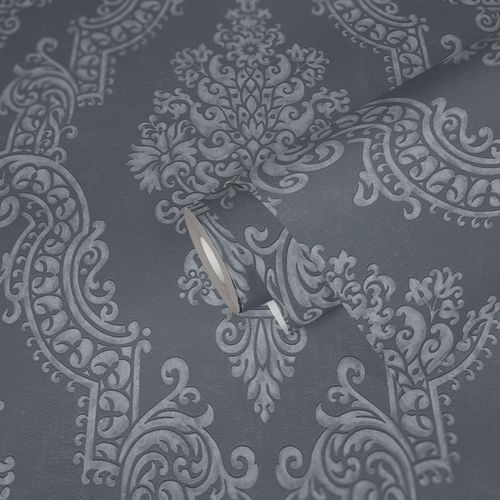 Vliestapete Barock Muster Anthrazit Silber Metallic 39765-7 Detail