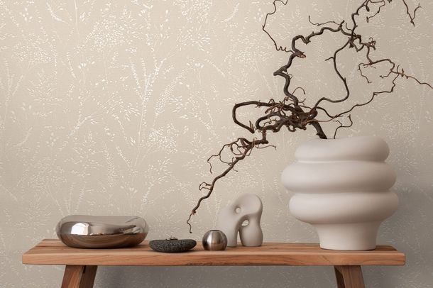 Non-woven wallpaper floral leaves beige white gloss 39766-1