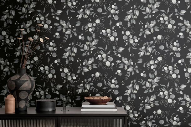 Non-woven wallpaper leaves black grey silver 39768-5