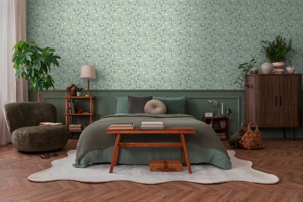 Non-woven wallpaper leaves green grey silver 39768-7