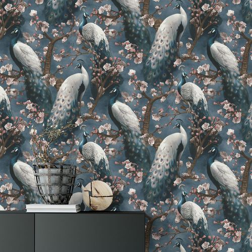 Non-woven wallpaper exotic birds blue brown 10414-08