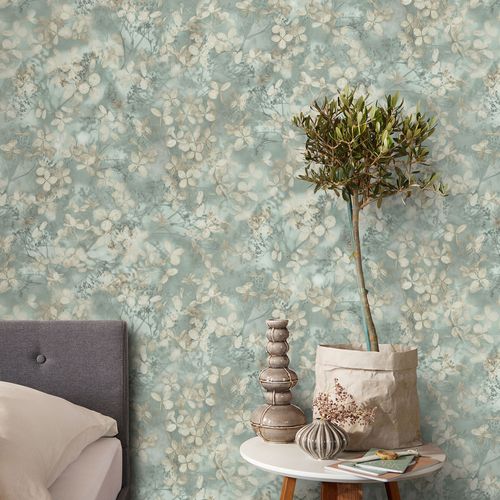 Non-woven wallpaper flowers green cream blue 10415-07