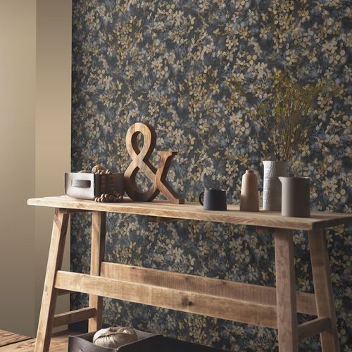 Non-woven wallpaper flowers black grey yellow 10415-15