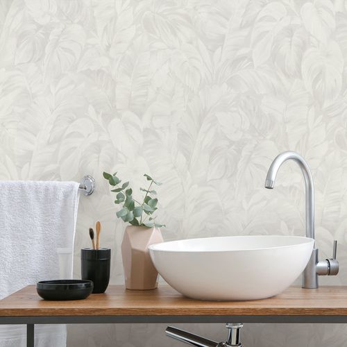 Non-woven wallpaper leaves tropical white grey 10416-31