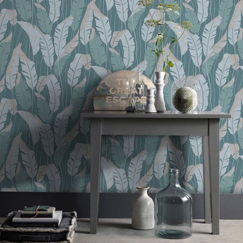 Non-woven wallpaper floral blue beige metallic 10344-19