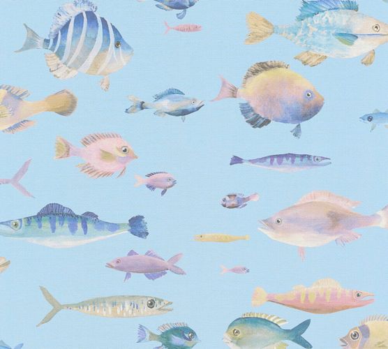 Non-woven wallpaper textile look fish blue pink 39696-2