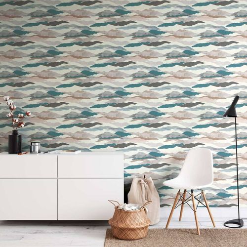 Non-woven wallpaper clouds white grey petrol 39699-3