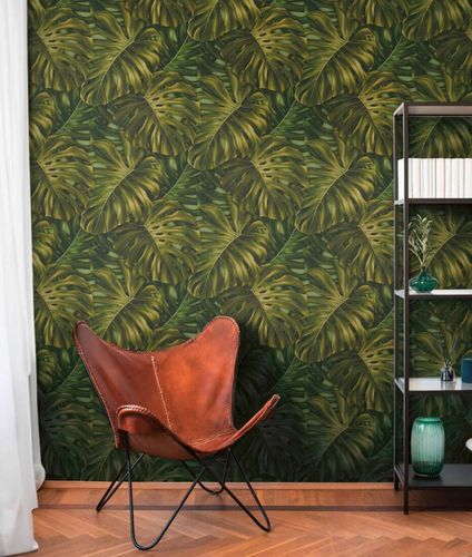 Non-woven wallpaper leaf pattern jungle green 39701-1