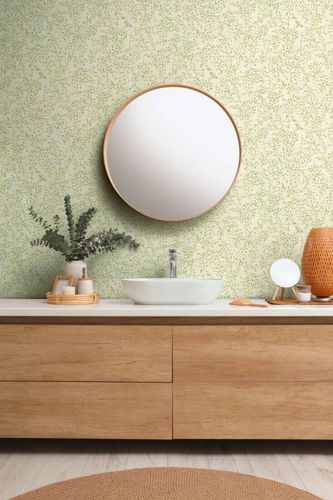 Non-woven wallpaper tendrils cream green metallic 39747-2