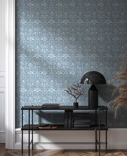 Non-woven wallpaper flowers birds floral blue white 47623