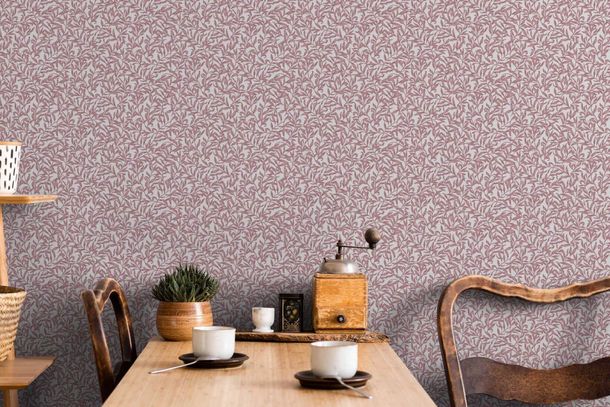 Non-woven wallpaper leaf pattern tendrils grey pink 47638