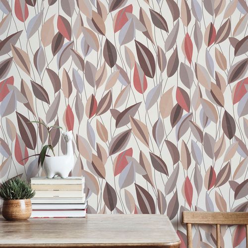 Non-woven wallpaper leaves white brown red 10431-11