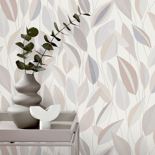 Non-woven wallpaper leaves white grey beige 10431-31