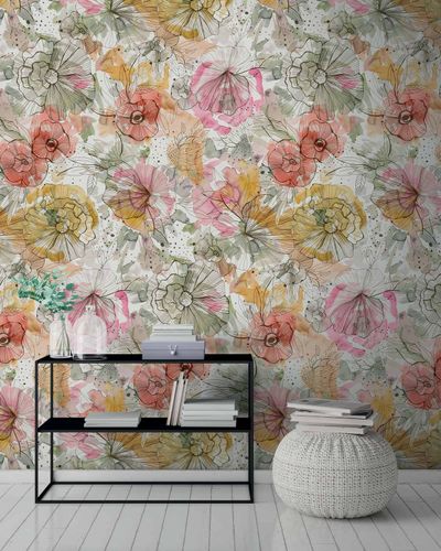 Non-woven wallpaper flowers grey pink green 39694-1