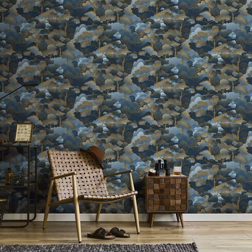 Non-woven wallpaper Elle Landscape Blue Gold Metallic 10448-08