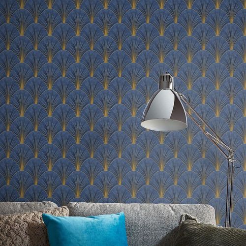 Vliestapete Elle Fächer Blau Gold Metallic 10451-08 Raum