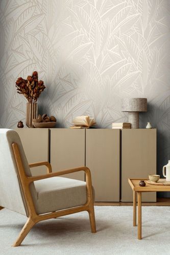 Vliestapete Dschungel Blätter Grau Creme Metallic 39933-3 Wohnzimmer