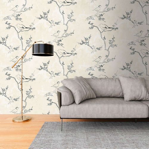 Photo Wallpaper Birds Branches Floral Beige Black 39884-1