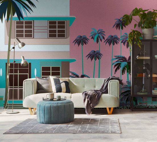 Photo wallpaper houses palm trees blue pink 39893-1