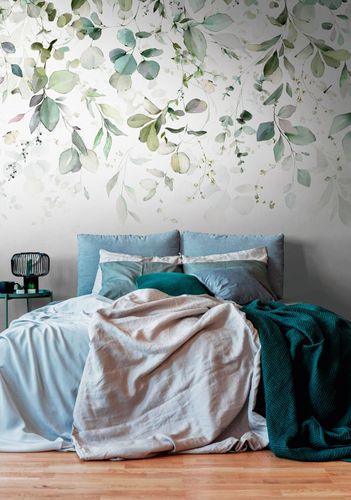 Photo wallpaper leaves watercolor white green 39900-1