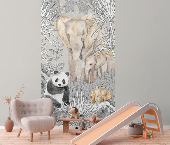 Non-woven wallpaper kids animals trees grey beige 77070-1