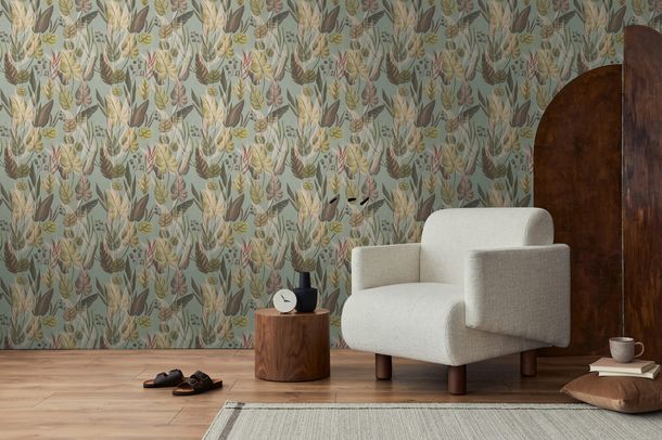 Non-woven wallpaper leaf pattern jungle green brown 78219-3