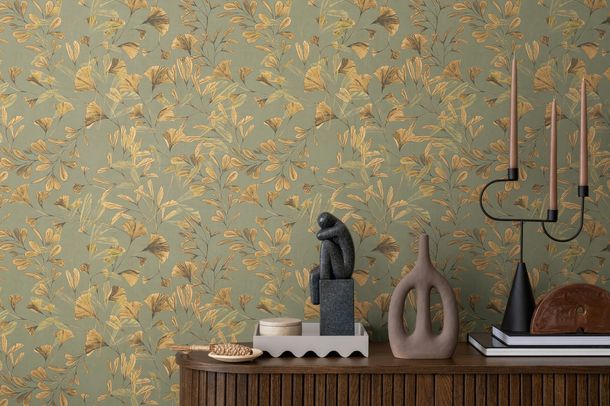 Non-woven wallpaper leaf pattern green beige 78223-1
