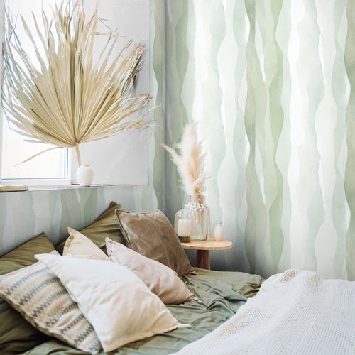 Non-woven wallpaper waves abstract art green cream 81634