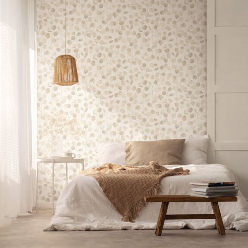 Non-woven wallpaper leaf pattern floral beige grey 81641