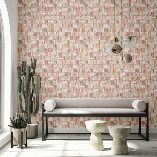 Non-woven wallpaper graphic circles beige red grey 81644