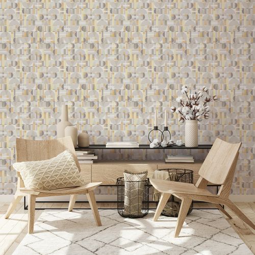 Non-woven wallpaper graphic circles cream grey yellow 81646