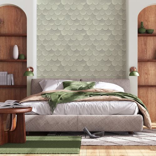 Non-woven wallpaper 3D look tiles shingles green grey 81657