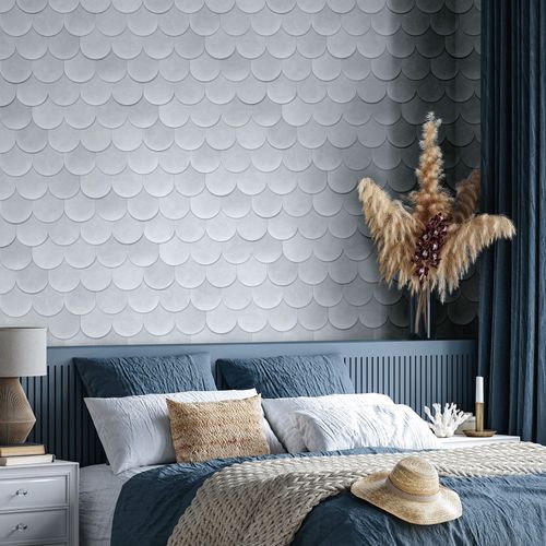 Non-woven wallpaper 3D look tiles shingles light grey 81660