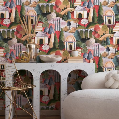 Non-woven wallpaper Mediterranean art green red beige 81662