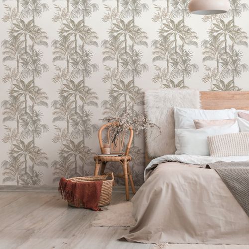 Non-woven wallpaper palm leaves tropics cream brown 82454