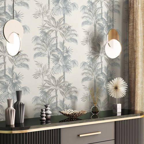 Non-woven wallpaper palm leaves tropics beige grey 82455