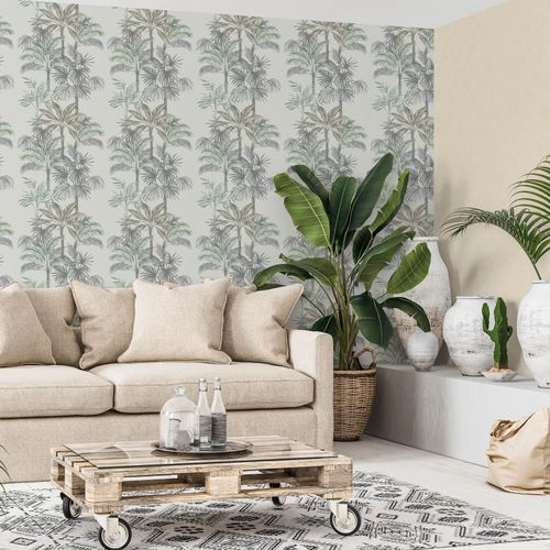 Non-woven wallpaper palm leaves beige green grey 82457