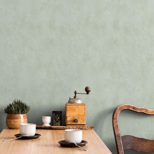 Non-woven wallpaper plaster look plain green cream 82468