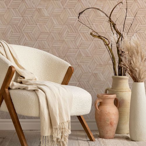 Non-woven wallpaper tiles wood look vintage beige 89001