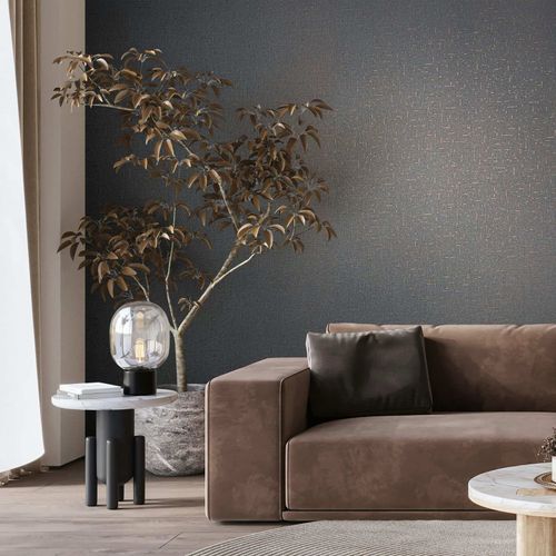Non-woven wallpaper linen look anthracite copper 35111
