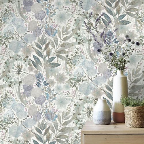 Vliestapete Floral Aquarelloptik Weiß Grün Blau 10506-24 Raum