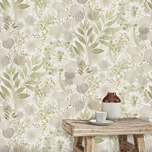Vliestapete Floral Aquarelloptik Weiß Grün Braun 10506-35 Raum