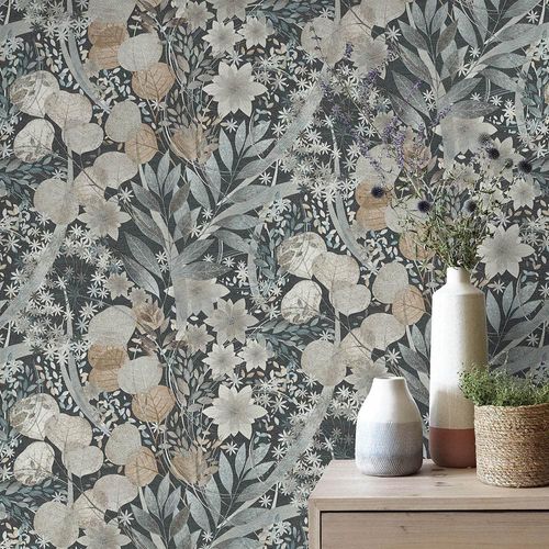 Vliestapete Floral Aquarelloptik Blau Grau Braun 10506-44 Raum