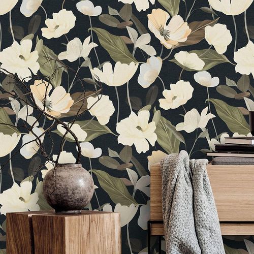Vliestapete Blumen Vintage Schwarz Creme Grün 10508-15 Raum