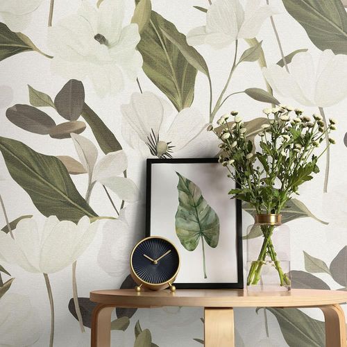 Vliestapete Blumen Vintage Weiß Creme Grün 10508-26 Raum