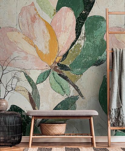 Fototapete Vlies Blume Kunst Beige Grün 79144-3 Raum