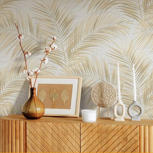 Vliestapete Tropisch Blätter Weiß Beige 10531-02 Zimmer