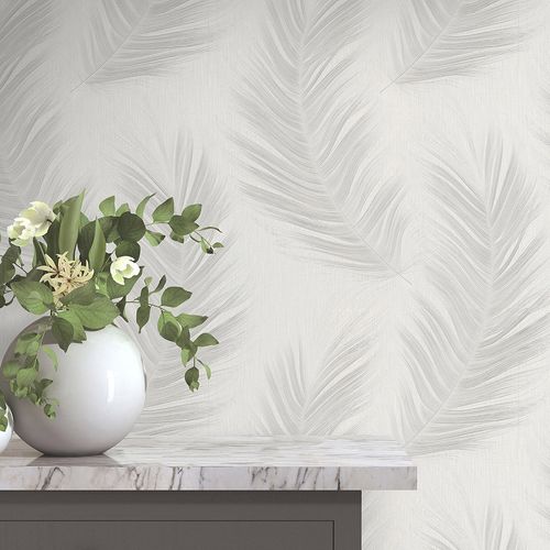 Vliestapete Exotisch Federn Grau Creme Glitzer 10516-31 Raum
